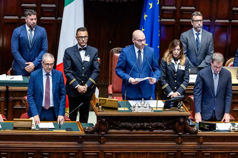 Il Presidente della Camera Lorenzo Fontana in occasione della commemorazione e apposizione di una targa sullo scranno che fu di Giacomo Matteotti in ricordo del discorso che pronunciò il 30 maggio 1924 . Camera dei Deputati, Roma Mercoledì 27 Maggio 2026 (photo by Mauro Scrobogna / LaPresse)