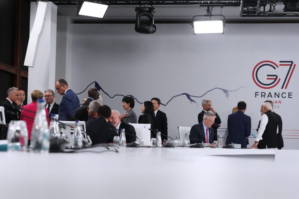 Leaders and invited guests prior to the start of a working session at the G7 summit in Evian-les-Bains, France,